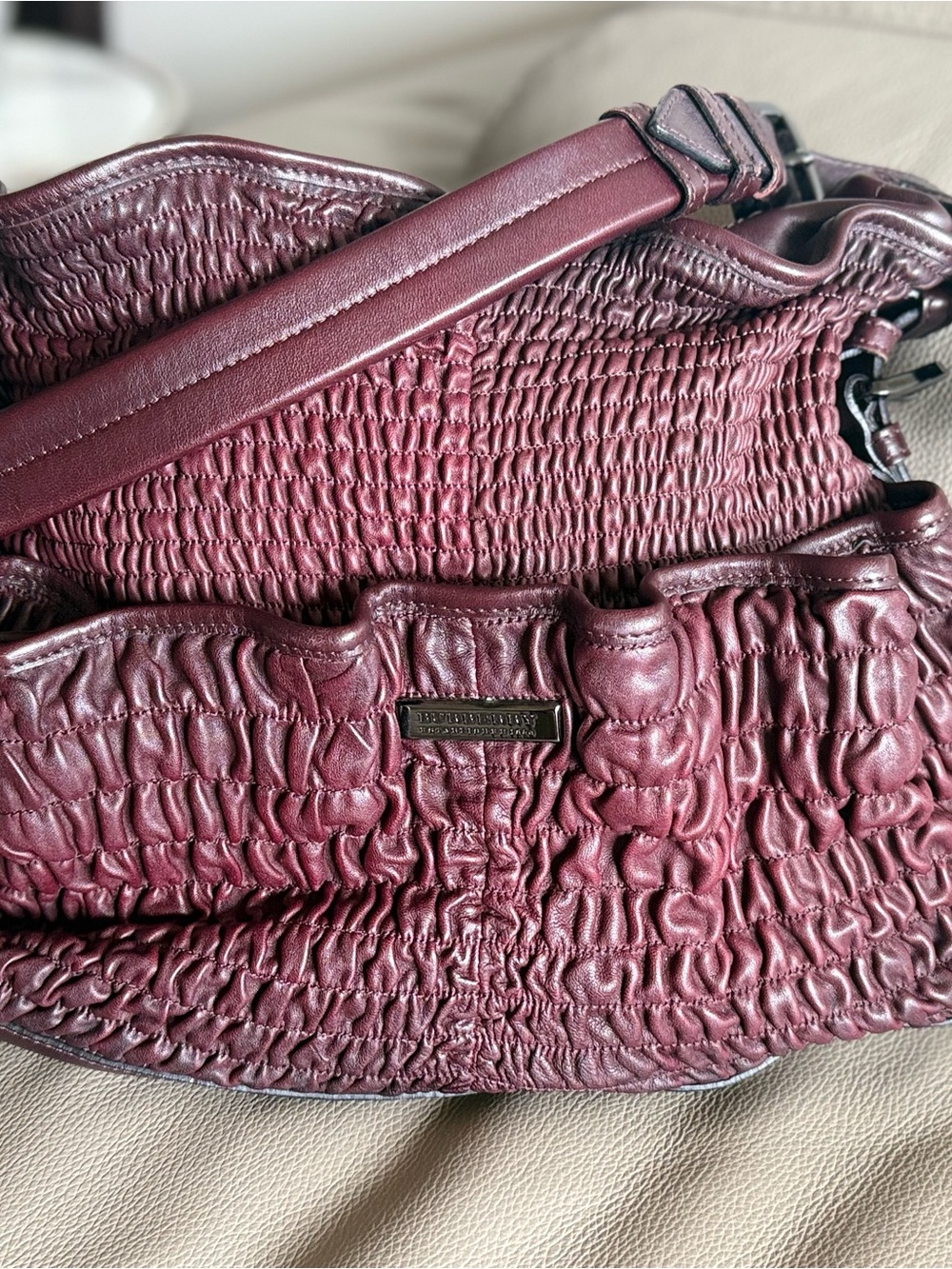 Burberry Ruched Leather Shoulder Bag in Plum Berry